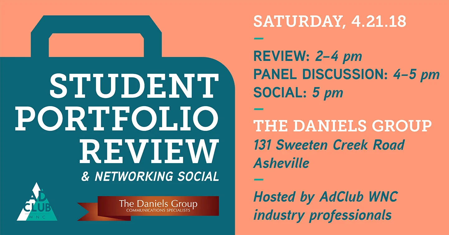 Banner for the annual student portfolio review hosted by AdClub WNC professionals