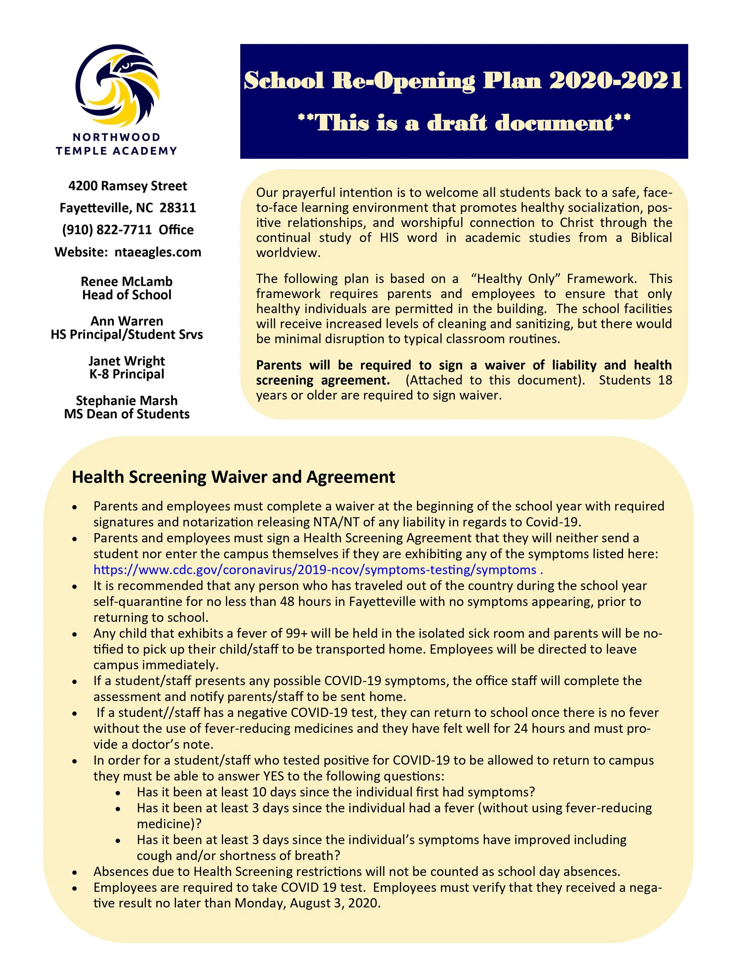 21 Covid School Reopening Plan Northwood Temple Academy