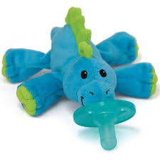 The Wubbanub A cylindrical pacifier is great for suck training. Some babies may not tolerate sucking on it if they have a hypersensitive gag reflex or if they don’t yet possess the skill to keep it in their mouth. The Wubbanub has a pacifier attached to stuffed animal, which allows baby an easier way self manage the pacifier and explore.