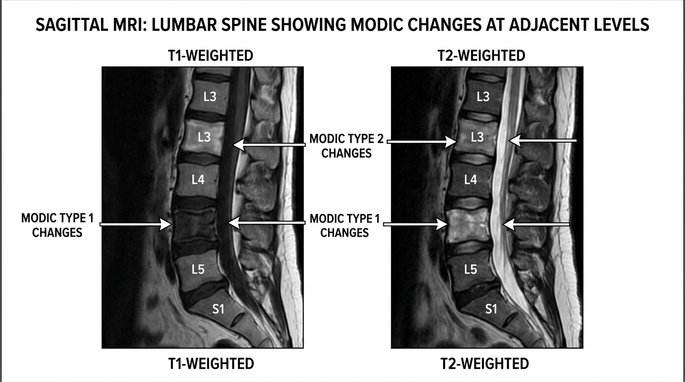 What are Modic type 1 and 2 changes on spine MRI?