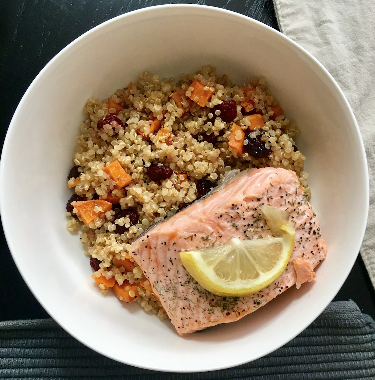 Poached Salmon with Sweet Potatoes and Cranberry Quinoa