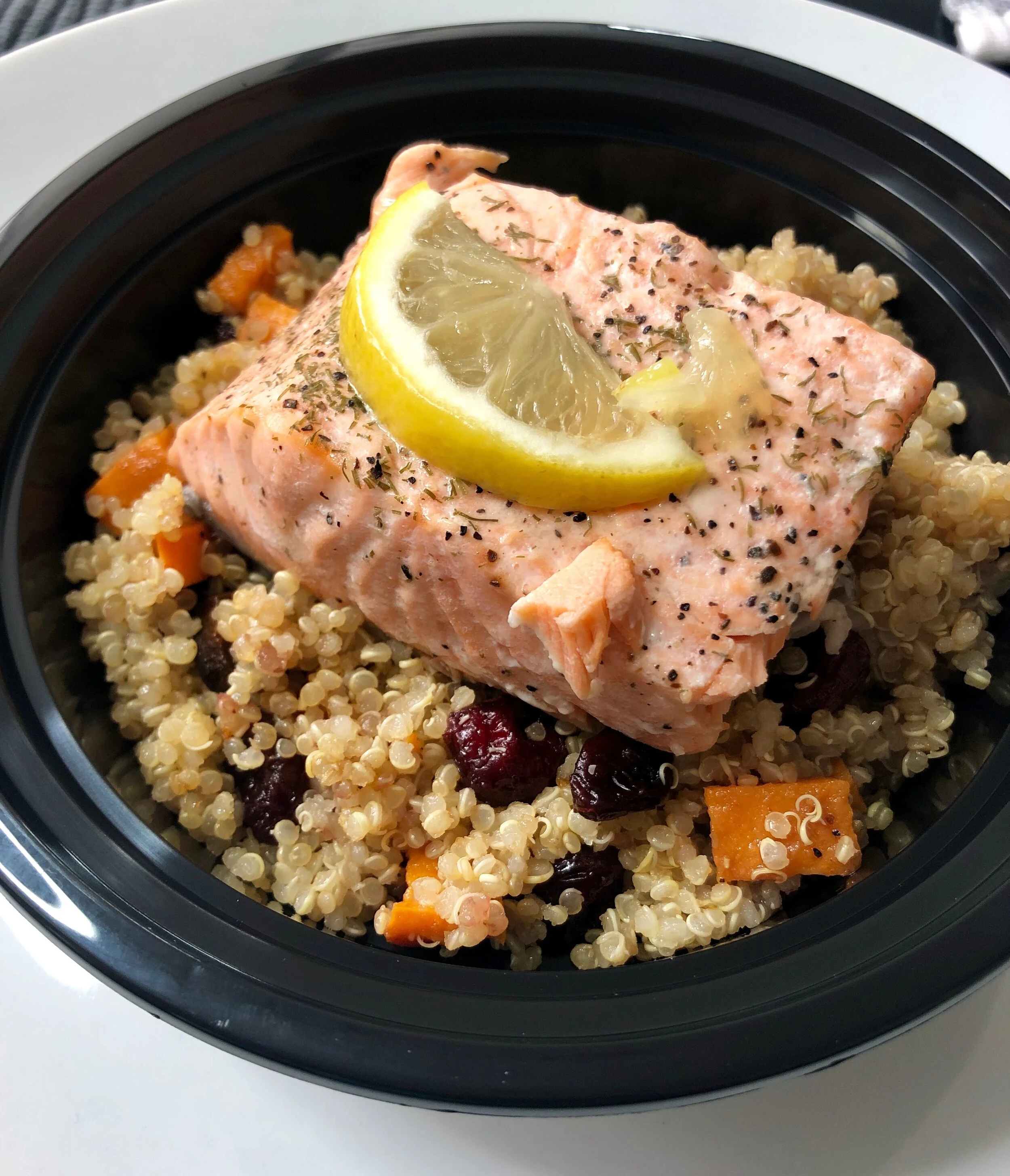 Poached Salmon with Sweet Potato Cranberry Quinoa
