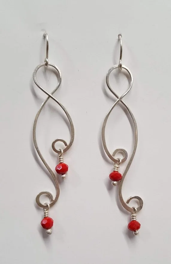 Silver Double Curl Earrings with Bead