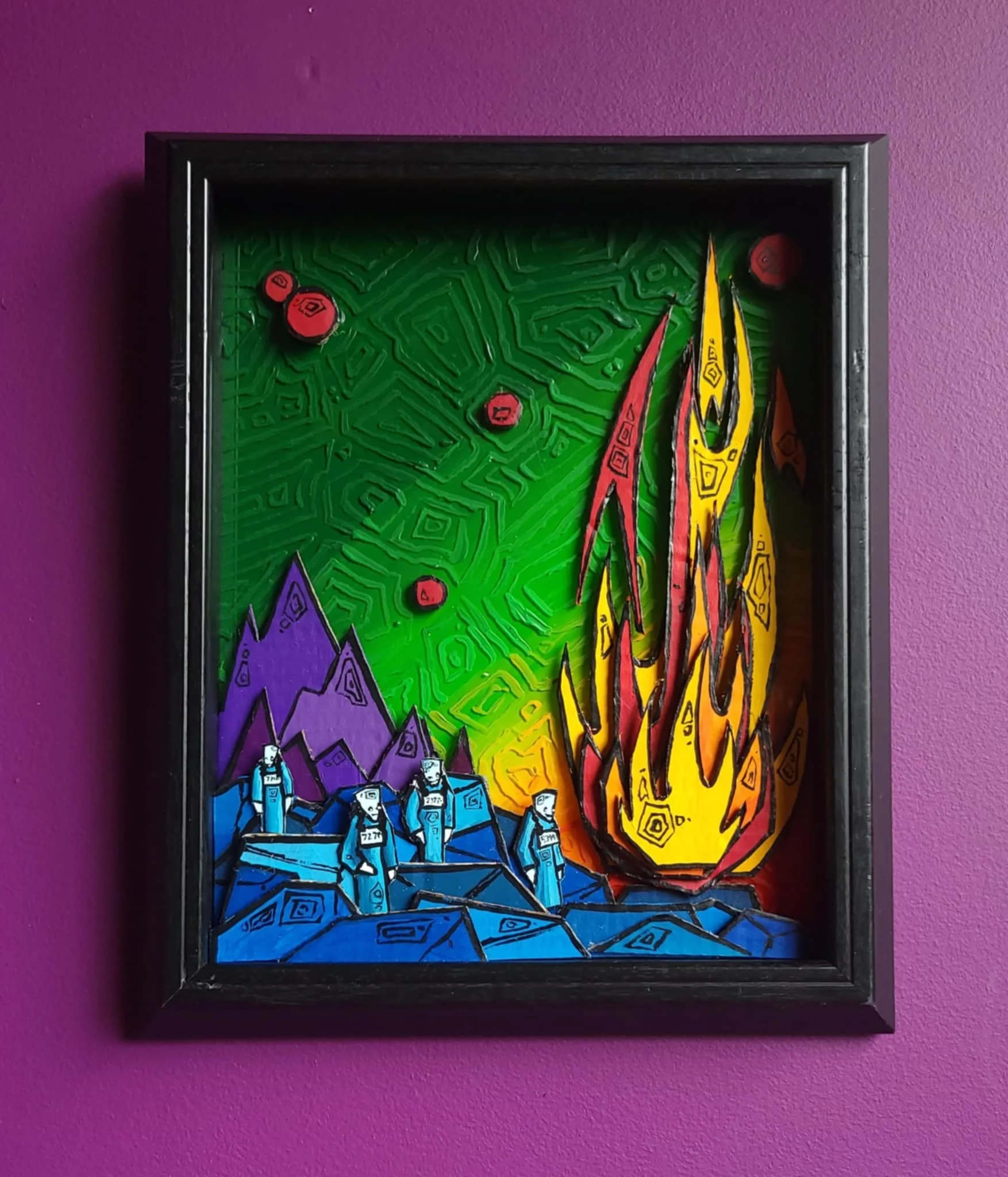 "around an inspiring fire" 13" x 11"(acrylic and cardboard on glass) $200. "the longflames of worldview don't radiate heat, nor do they consume fuel to produce their everlasting fire. In fact, the longflame radiates an intangible, inspiring energy t