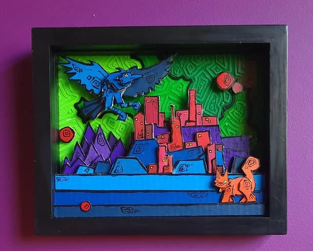 9"x11"(acrylic and cardboard on glass) $200. Byproducts of the cycle of coexistant exchange, bluebirds absorb random floating resonant energy as they travel the sky of worldview. This causes them to swell to enormous sizes, slowing their flight and