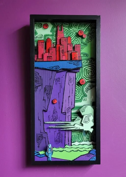  at the city on the cliff  20”x10” (acrylic and cardboard on glass)  the "city on the cliff " used to be a "city near the sea", until the "framework bloom" created the okeanos mountains by pushing underwater seasoil onto the land in an enormous pile.