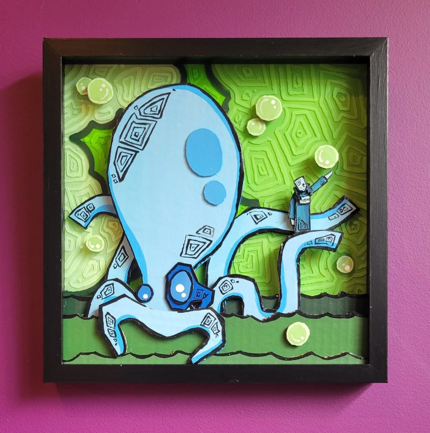 "helping hand" (acrylic and cardboard on glass) 13"x13". $200 Iconic flowers grow under the water on the shore of gladwell. Like all iconic, they constantly babble worldtruths. for landbound iconic this stream of floral consciousness takes no tangib
