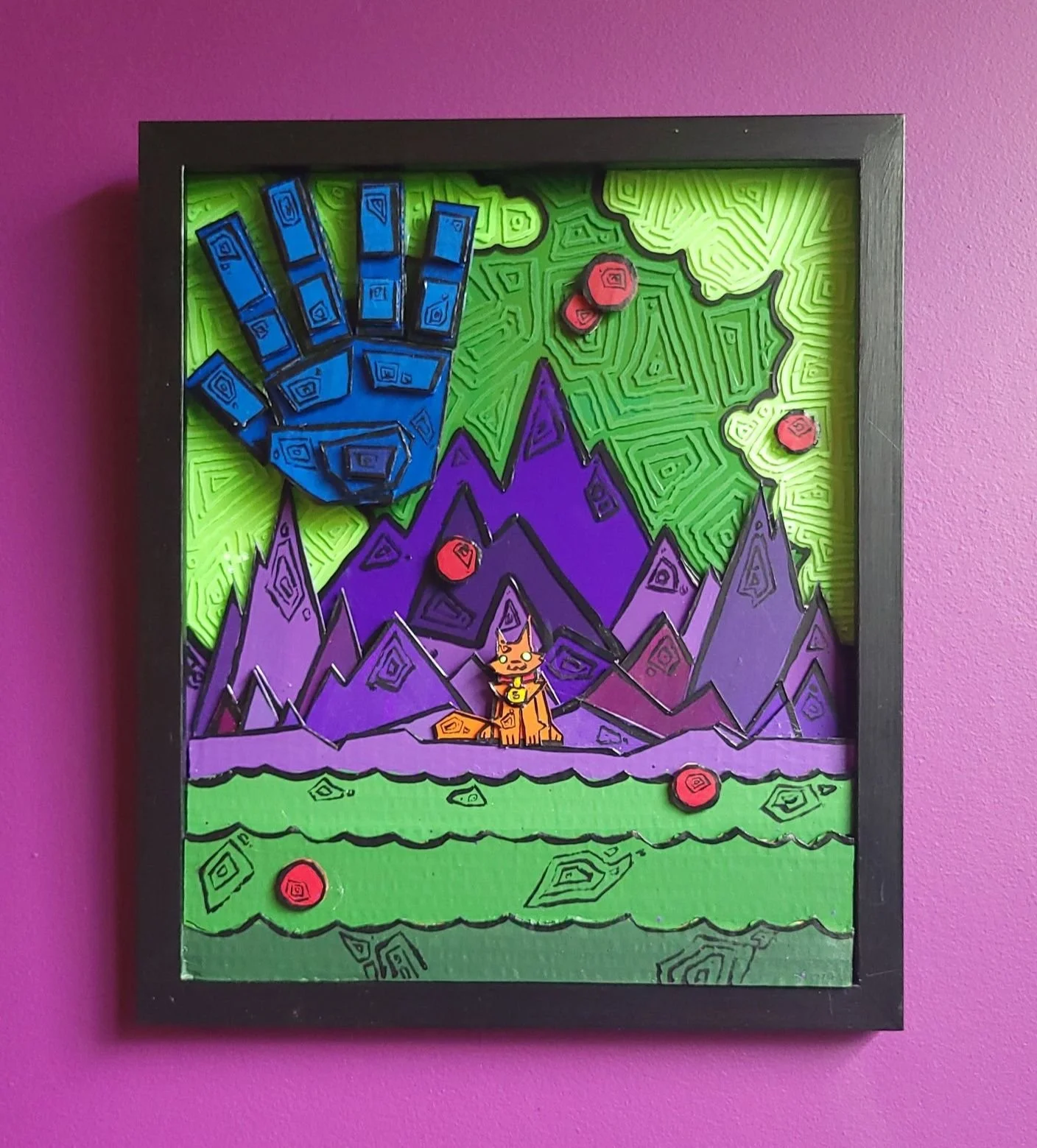 "behold, mountains" 17"x15" (acrylic and cardboard on glass) $200. All land in worldview is built by a giant blue hand called "the framework bloom". Most often, the bloom will be found floating at the end of earth where it creates new landscapes whi