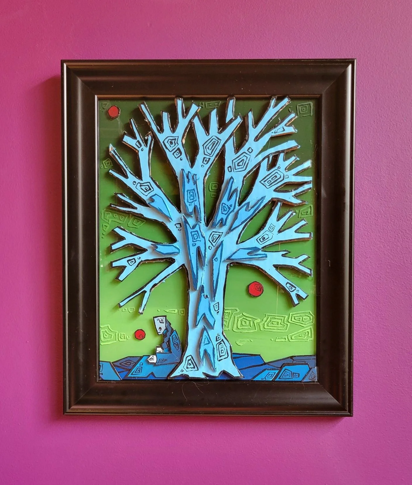 "source of thought" 17"x14" (acrylic and cardboard on glass) $180. Everything one could ever need comes from the source. There are many source in worldview. One could sit under the source for an eternity. This is because the source identifies needs
