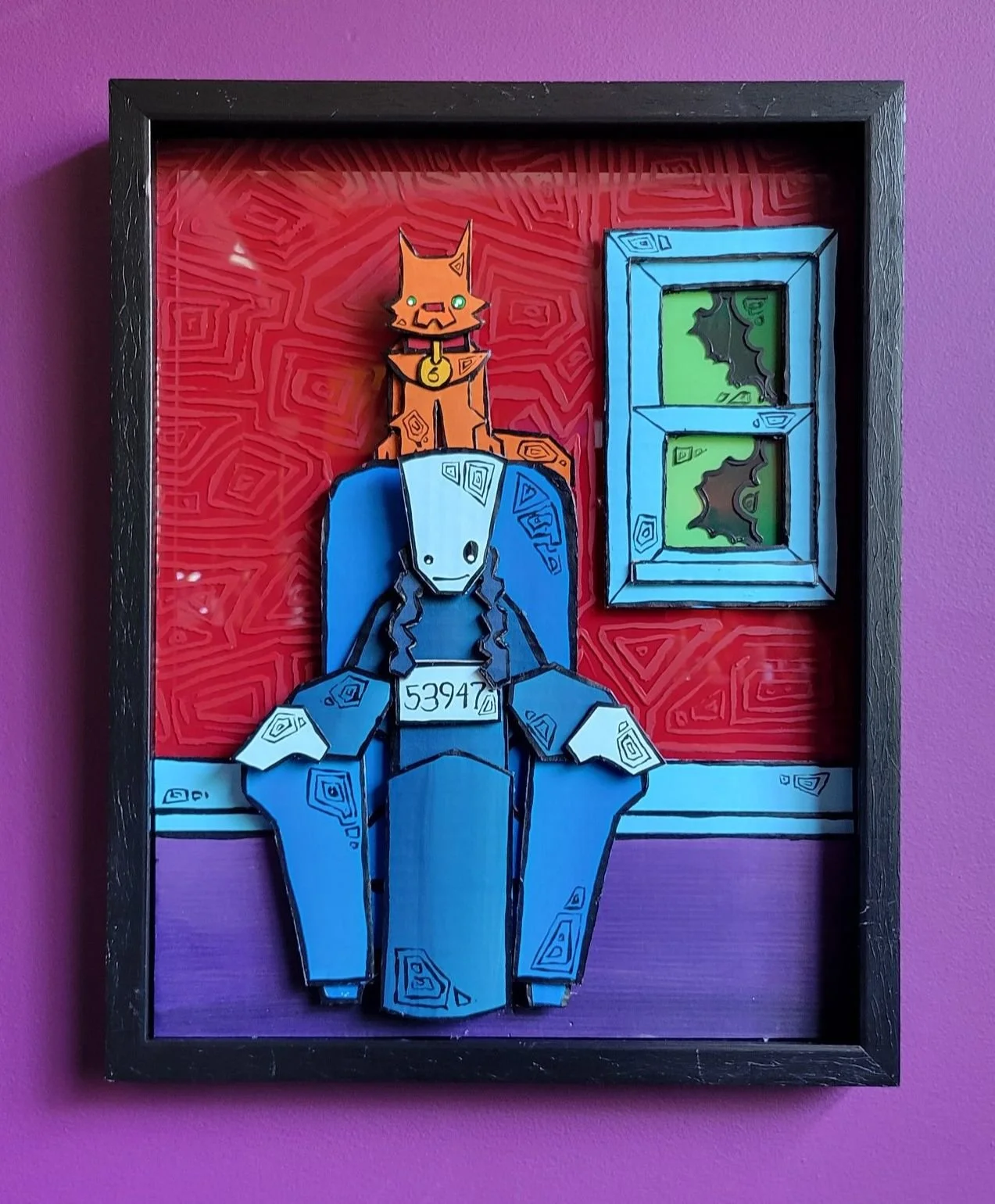 "the tall armchair" 20"x15" (acrylic and cardboard on glass) Six the cat loves to sit on the top of the tall arm chair. It is his favorite place to be. Unfortunately, six has no vertical leap and cannot quite climb to the top on his own. Fortunately