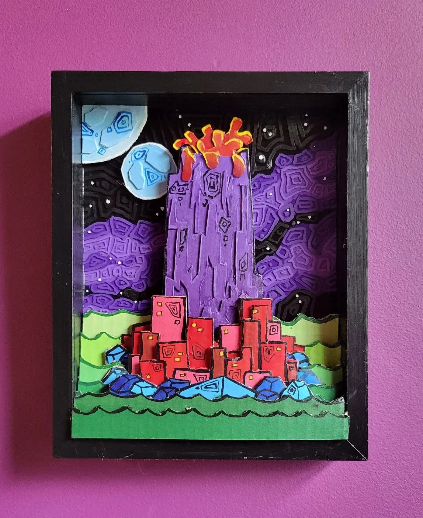  slowfall @ night 10.5x8.5 (acrylic and cardboard on glass).  there is an “active volcano” in the middle of the island city of slowfall. it is well-documented and understood that the erupting volcano is in the early stages of a “catastrophic event” t
