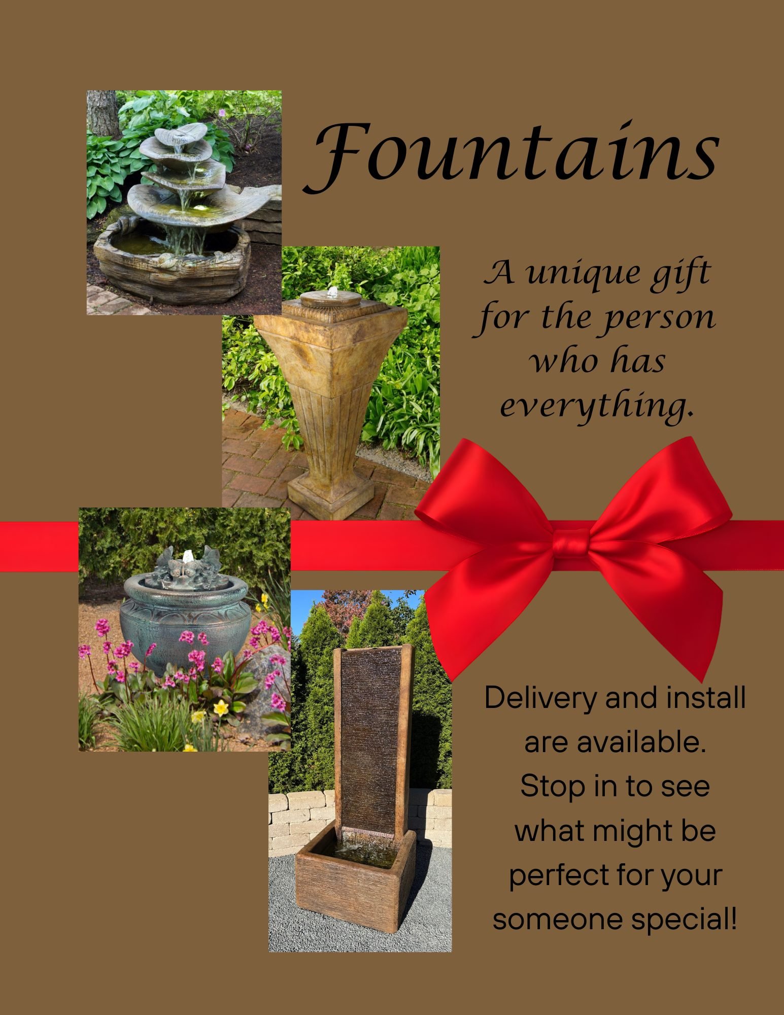 The Gift for the person who has everything. 
#Fountains #OutdoorDecor #GardenVibes #Zen #RelaxWithWater #FernwoodGardenCenter #PlantJoy #ShopLocal #IndependentGardenCenter #ColumbiaTN #MuletownUSA #SpringHillTN #FranklinTN #MountPleasantTN #CulleokaT
