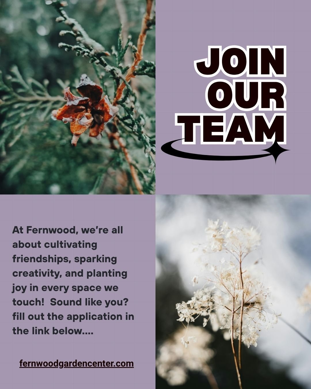 Fun, fast paced garden center looking for people who like to serve the community and plant joy where ever they go.  We have openings for several different positions.  Go to www.fernwoodgardencenter.com/jobs for more information and online employment 