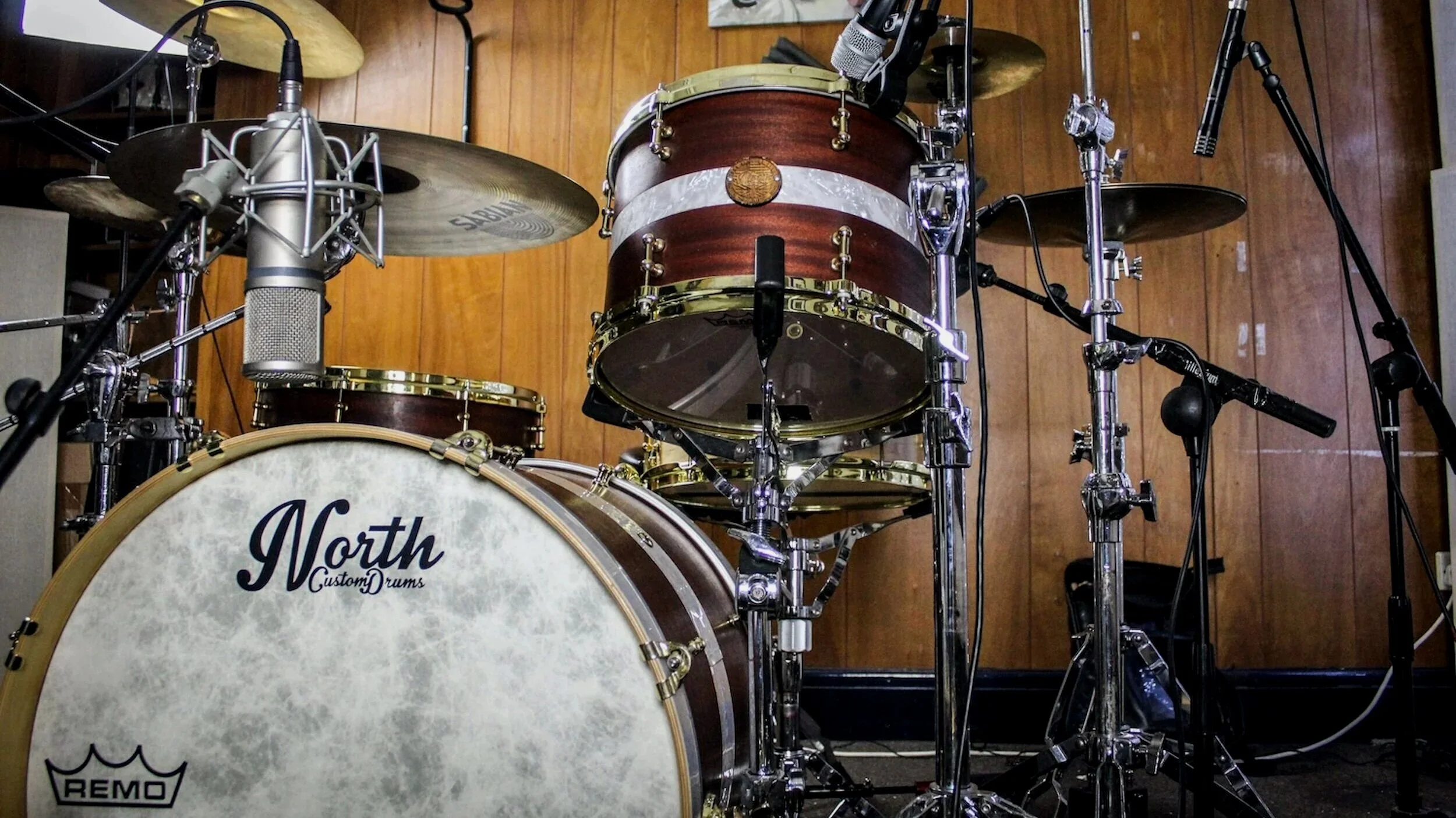 Online session drummer Chris Barber's custom drum kit in the studio. Professional drum studio in the UK.