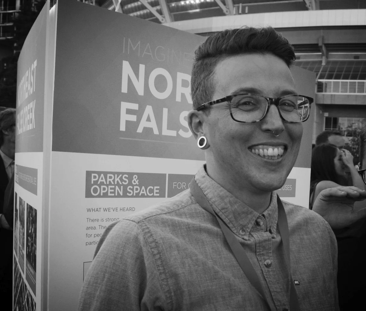 image is a black and white photo of emory at a public event