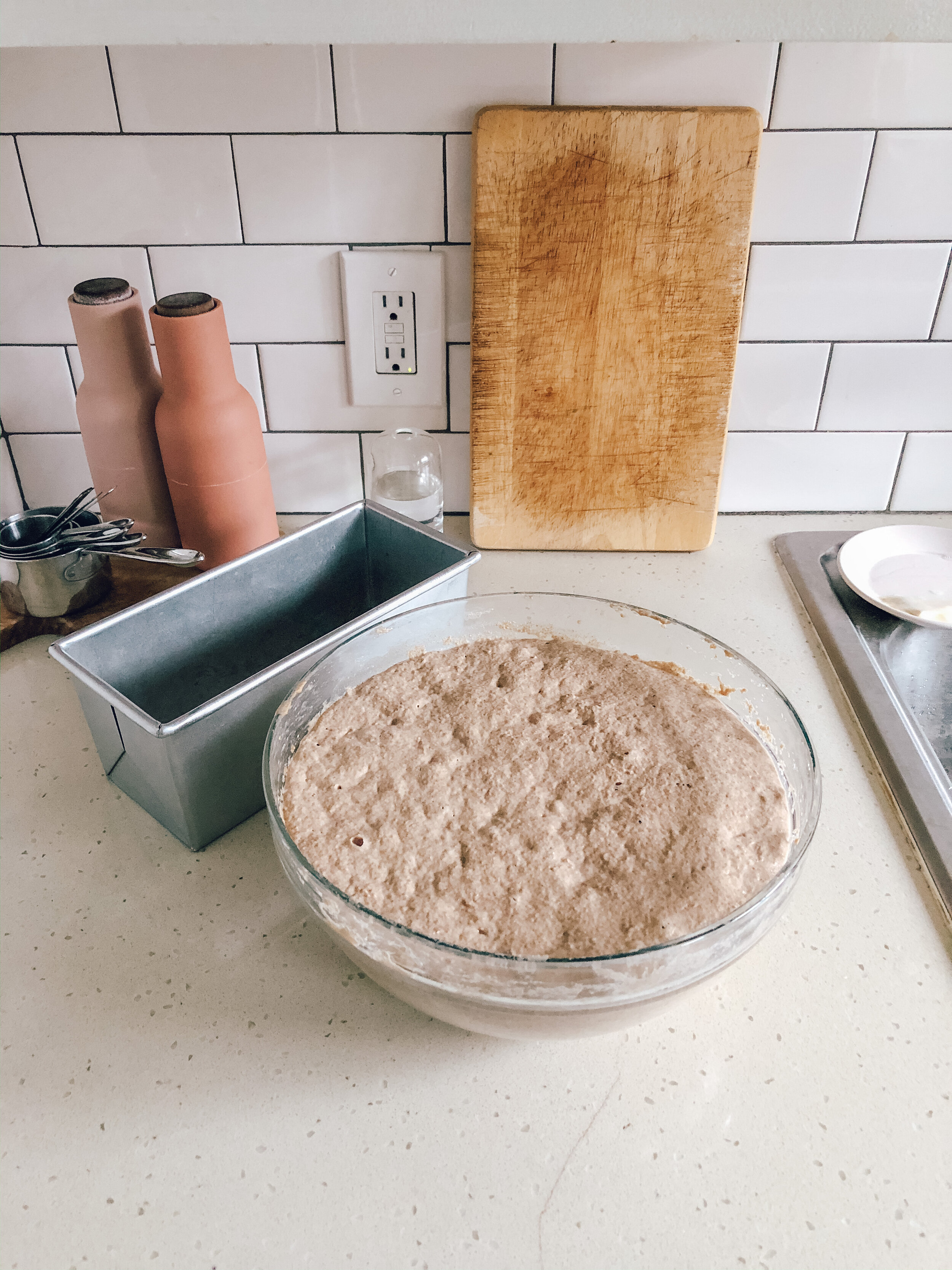 Spelt pan loaf dough after 9 hours of bulk fermentation.