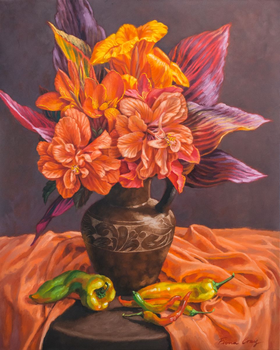 Hibiscus and Cannas in Balinese Jug