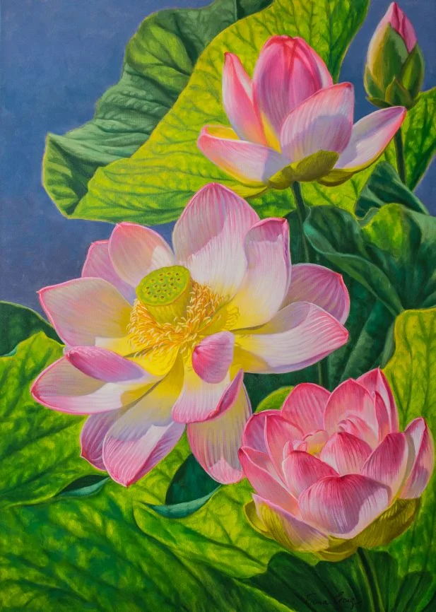 'Pink Lotuses 2', Fiona Craig, oils, 30" x 42".