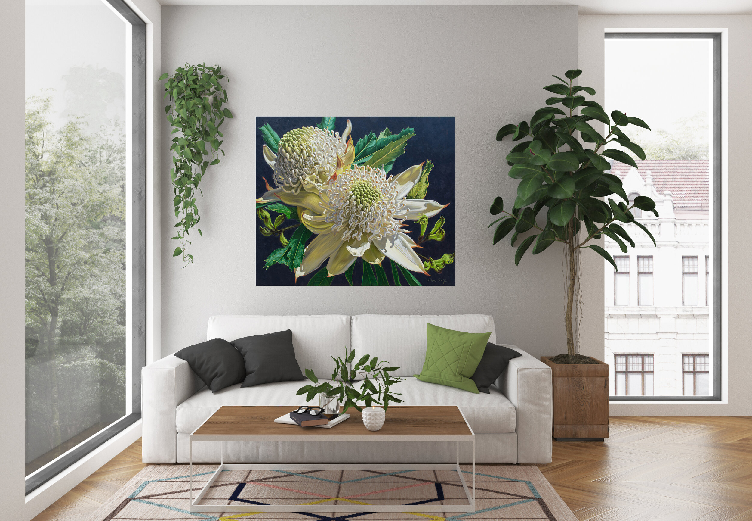 SOLD. White Waratahs and Black Kangaroo Paws in room setting