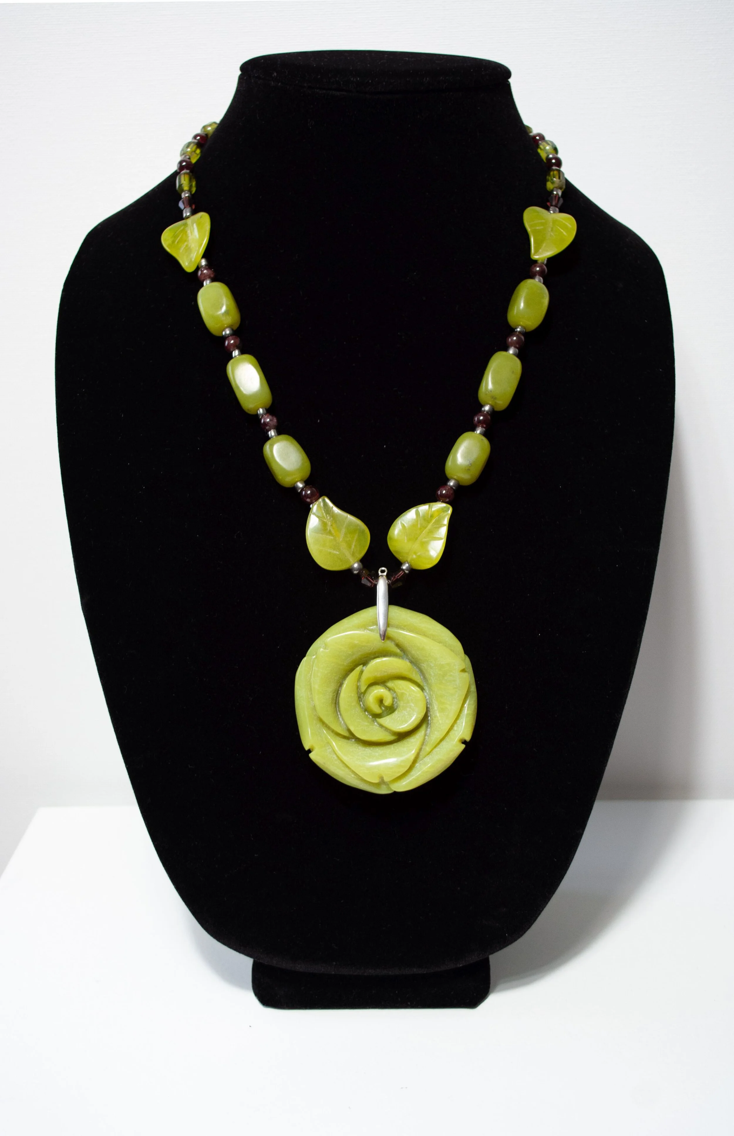 Large Jade Rose and Leaves Pendant 