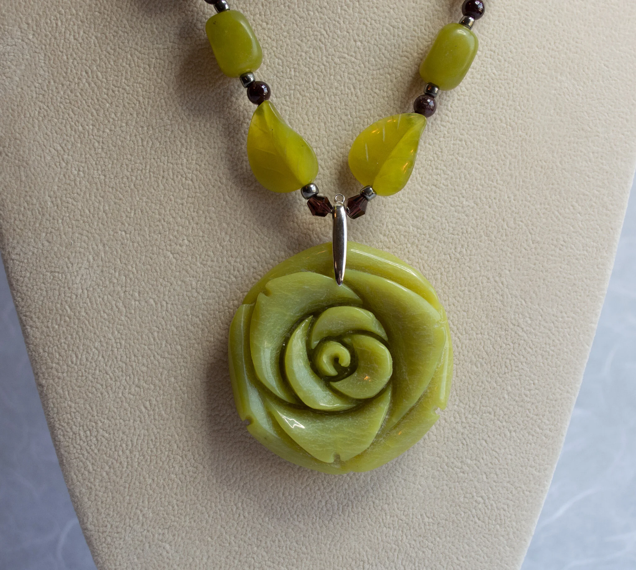 Large Jade Rose and Leaves Pendant 