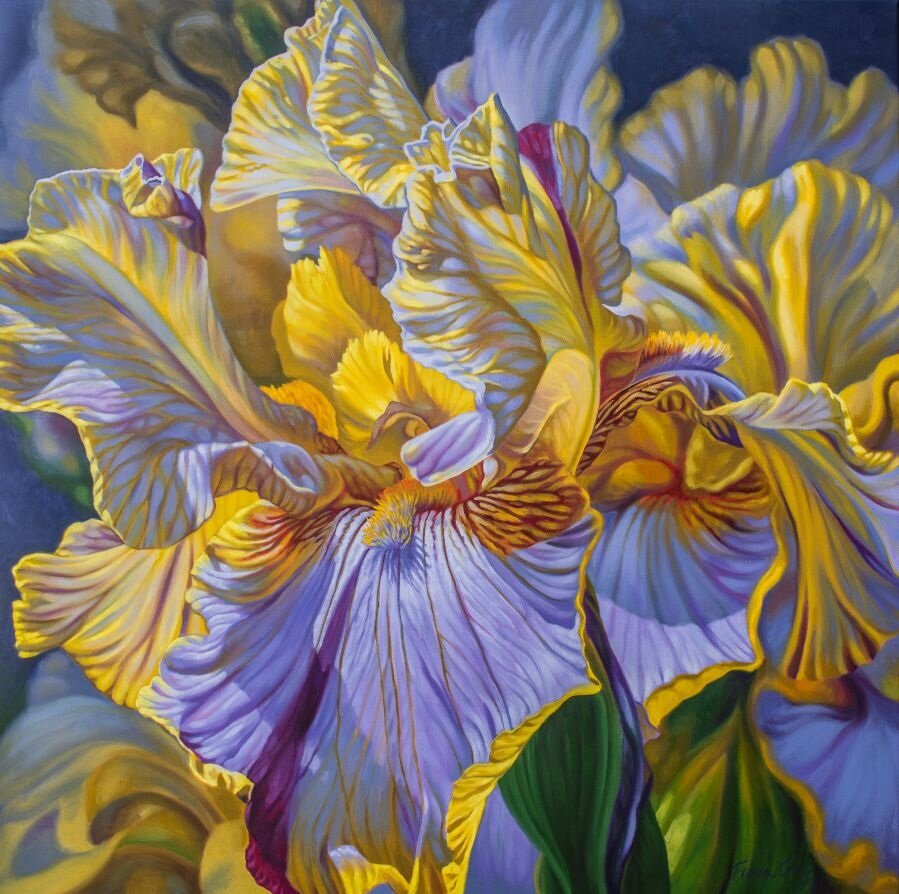 SOLD. Floralscape 2: Mauve and Yellow Irises