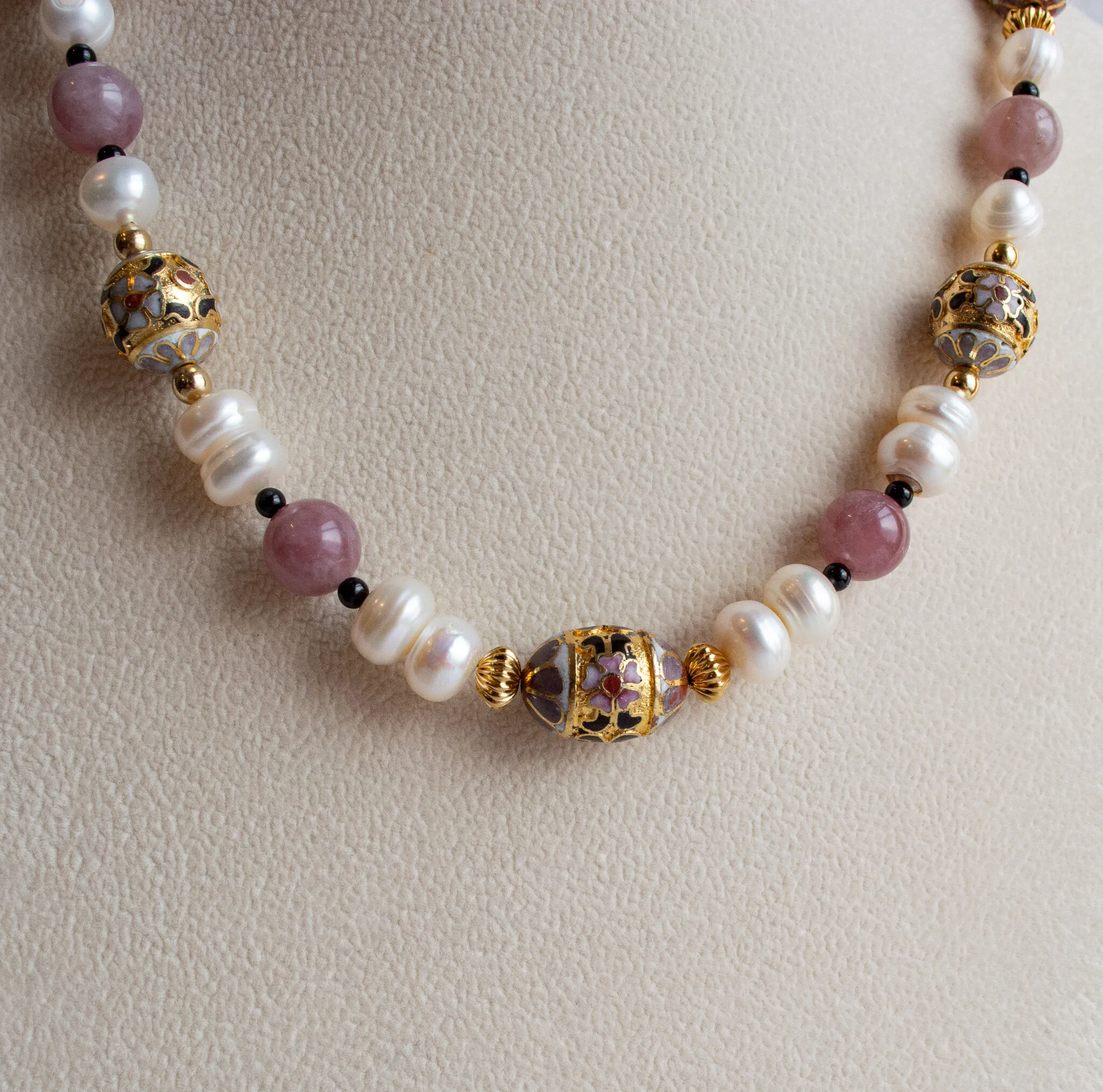 Cloisonne, Rose Quartz, Pearl Necklace 
