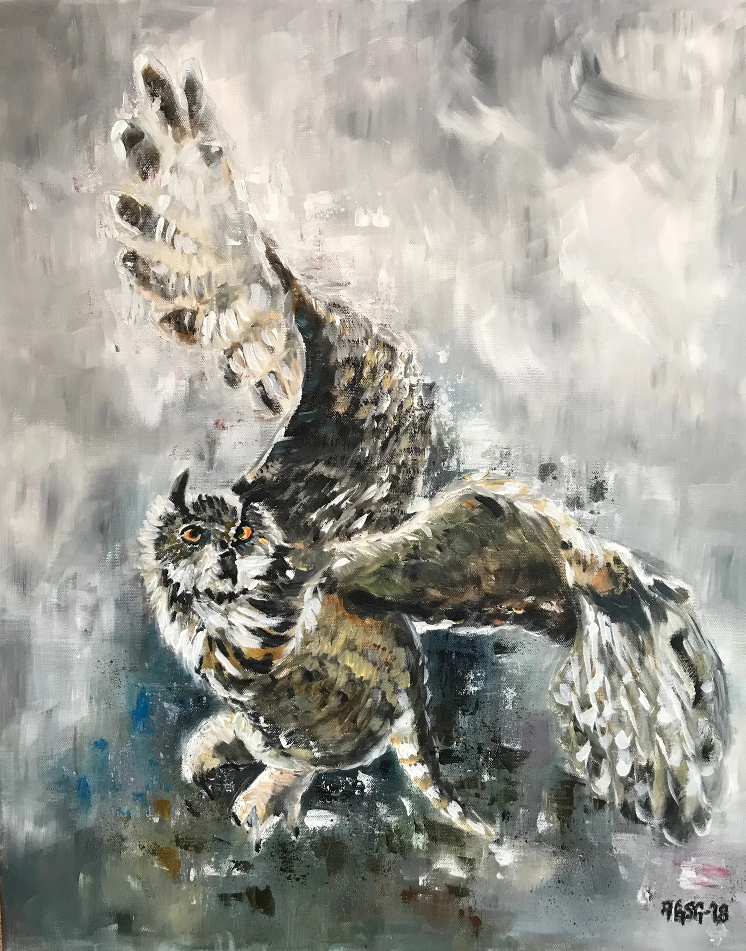 Flying Eurasian Eagle Owl, acrylic on canvas 55x64 kr.6000,-.jpg