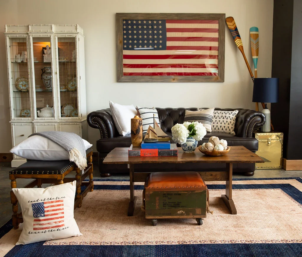 The star — no pun intended! — of this space is undoubtedly the vintage, 48-star American flag. I picked it up last summer at Cedarburg’s Maxwell Street Days, a fantastic local flea market, and recently had it professionally framed.