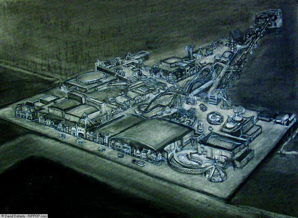 “Night View of P.O.P.” charcoal and pastel on paper .More of the illustrations from this series are available at http://rippop.com/galleries/gallery-2