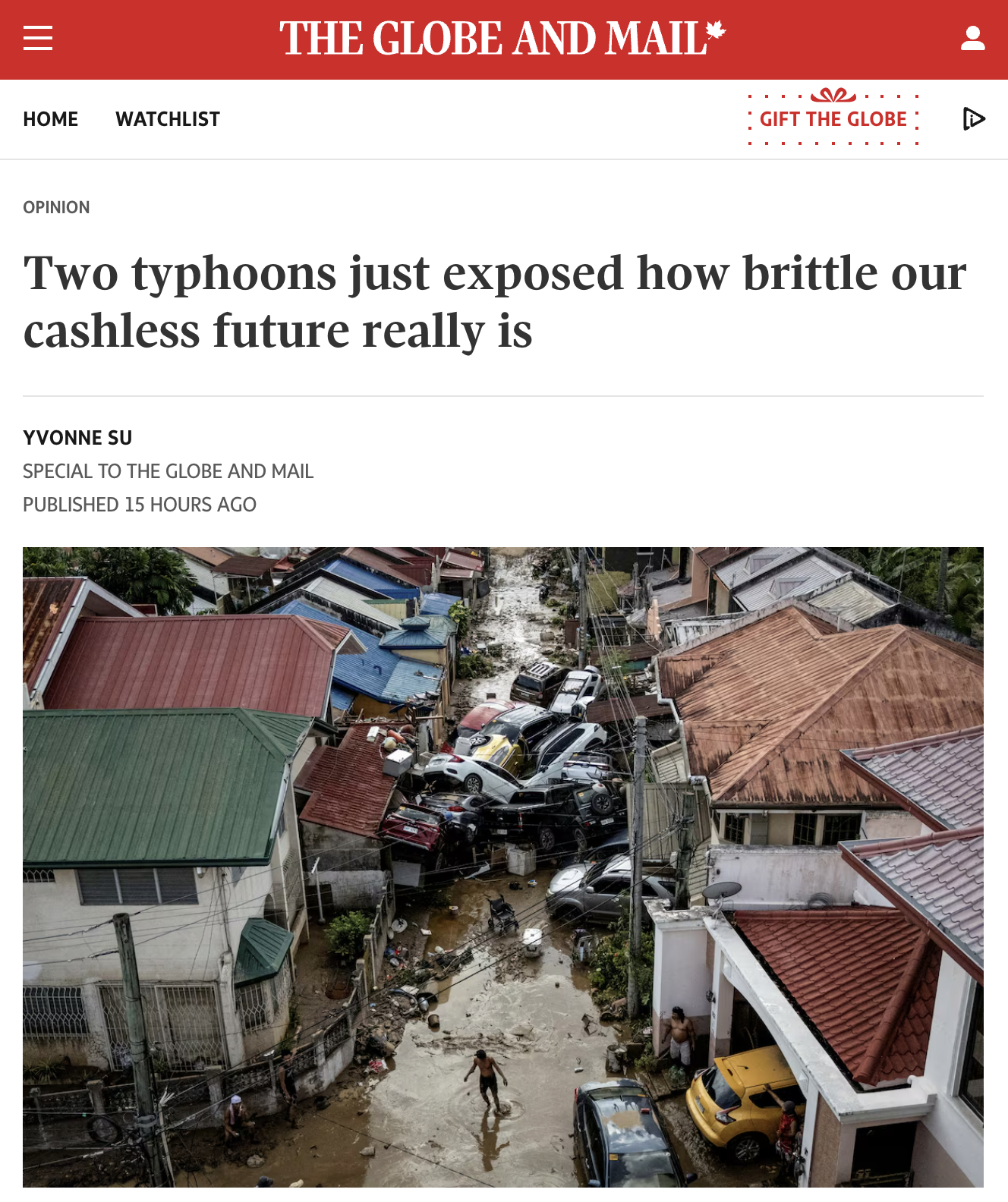 Opinion I Two typhoons just exposed how brittle our cashless future really is (Globe and Mail, Print and Online)