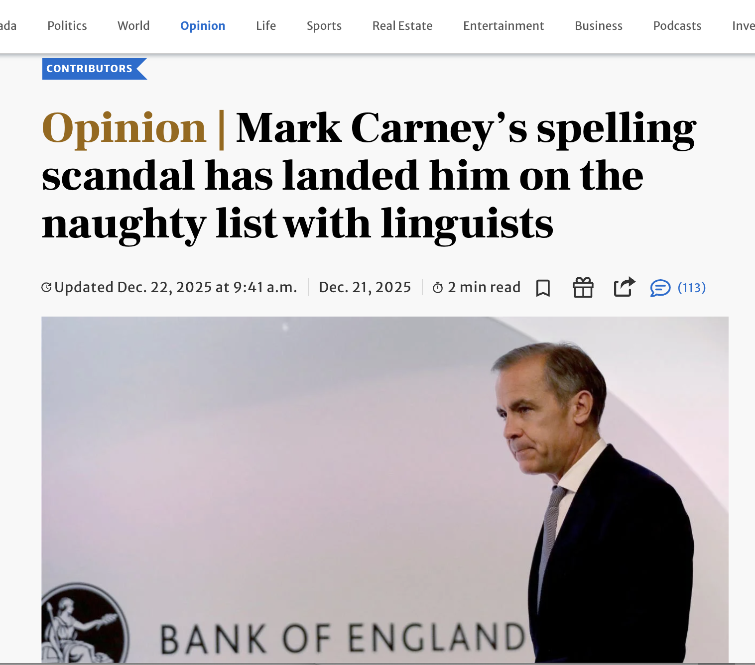 Opinion I Mark Carney’s spelling scandal has landed him on the naughty list with linguists (Toronto Star, Print and Online)