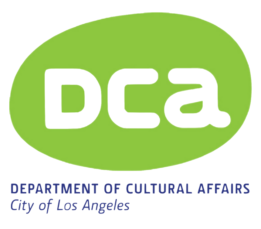 Logo of the Los Angeles Department of Cultural Affairs with green oval background and black text 'dca', and below in blue text 'Department of Cultural Affairs City of Los Angeles'.