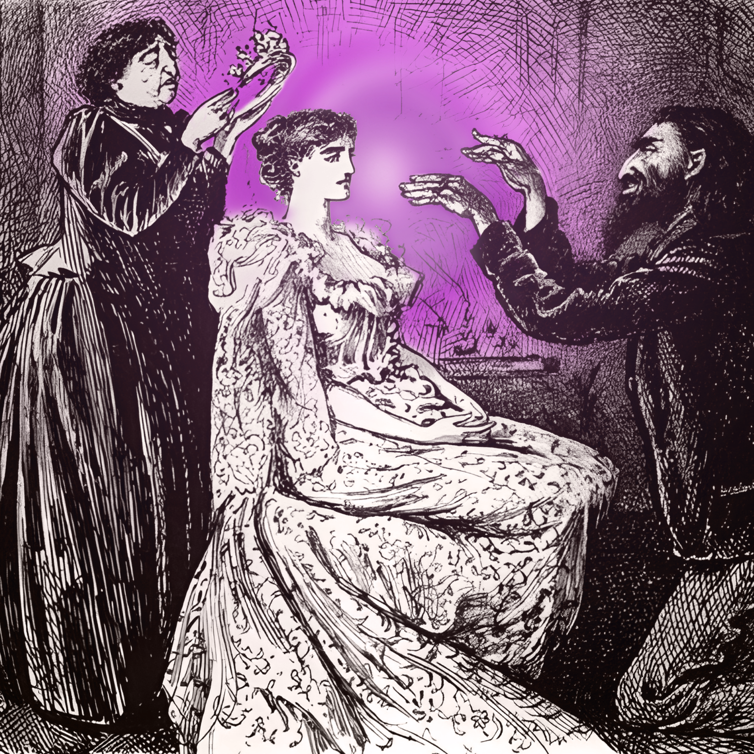 black and white image of a woman sitting with a woman behind her and a man in front of her and a purple glow in the background