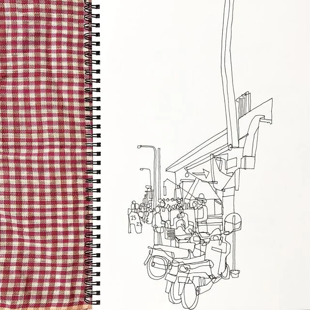 Phnom penh outakes; some sketches that are either unfinished or that i&rsquo;m not entirely happy with, but still it&rsquo;s all part of the process. All done on location, most are continuous line and provided a good level of interaction with the loc