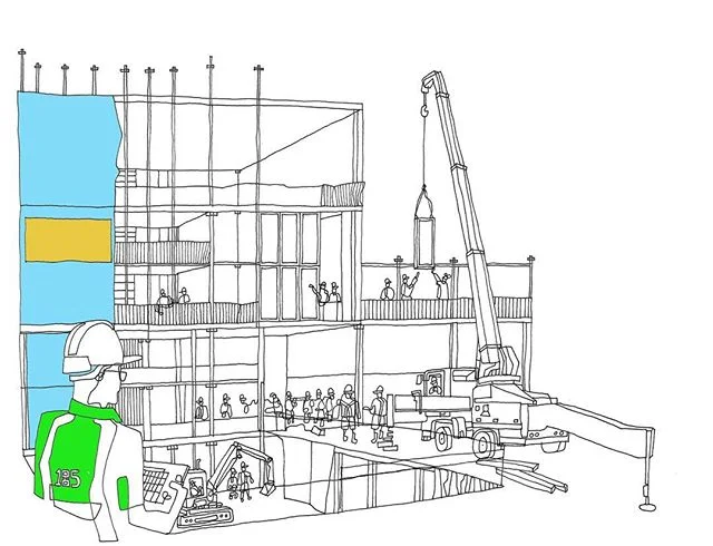 Experimenting a bit with a drawing of an imagined construction site; i can see a few OHS issues here that need to be fixed!