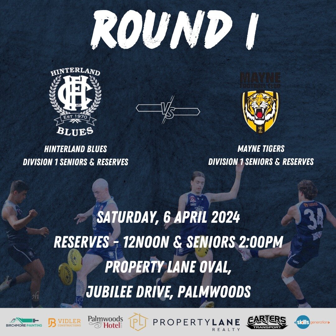 ROUND 1 IS (finally) HERE!

Our Senior Men and Reserves take on Mayne Tigers at Property Lane Realty Oval this Saturday from 12noon.

We can't wait to welcome everyone home for a great day of footy, and (hopefully) the start of a successful year for 