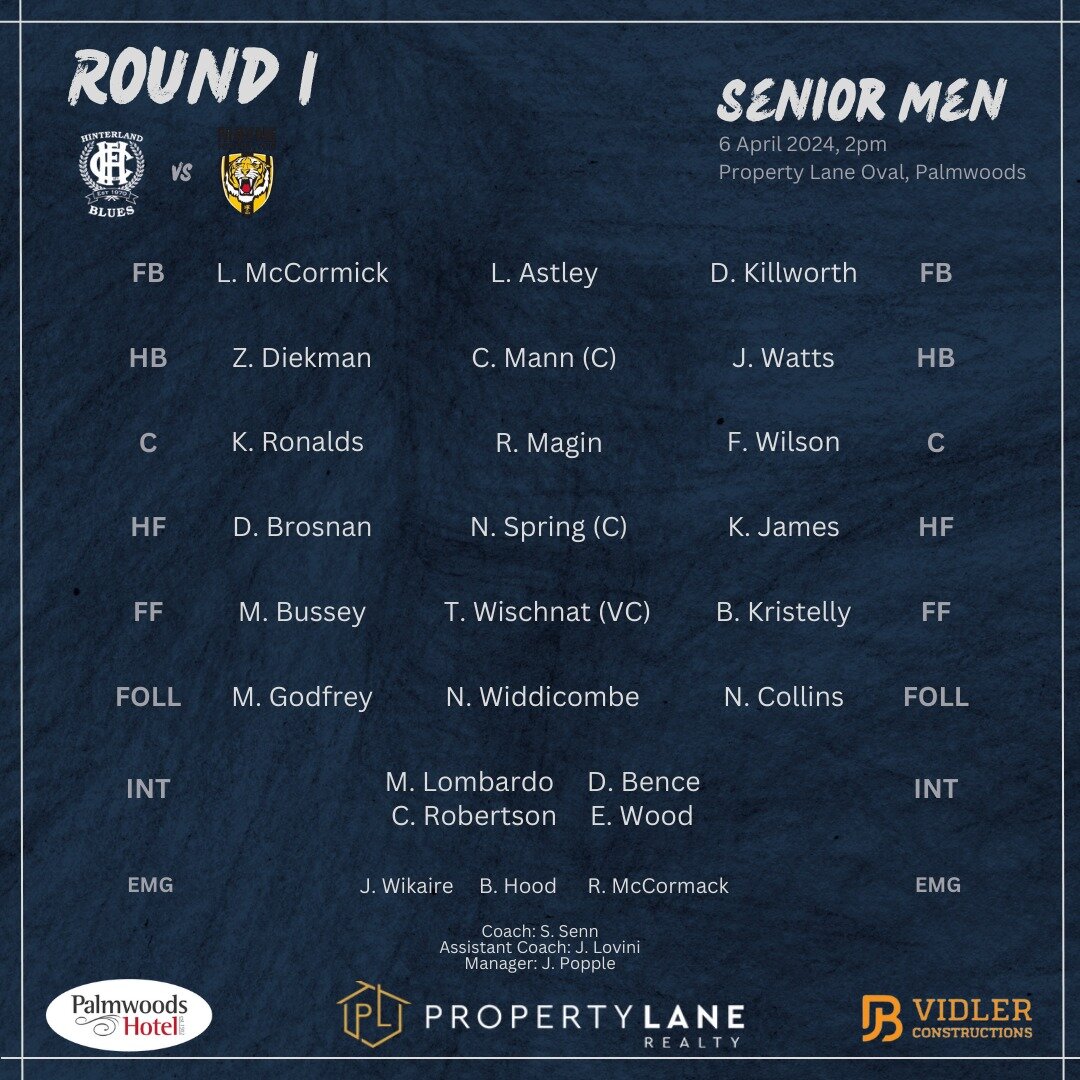 Round 1 QFA Hart Sport Div 1 Mens teams vs Mayne Tigers are locked in and ready to roll 🔒

With a heap of senior footy and club debutants, we can't wait to see you all tomorrow at Property Lane Realty Oval, Palmwoods 💙

12:00pm | Reserves
2:00pm | 