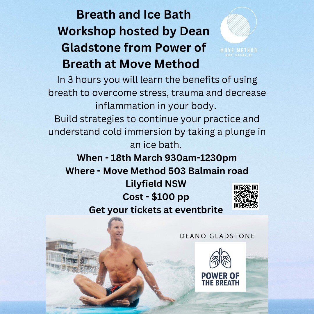 BREATH AND ICE BATH WORKSHOP AT MOVE METHOD- 
Join us for this Breath and Ice bath workshop at Move Method. The one and only Deano Gladstone from @powerofthebreath will be running this workshop. If you want to learn about the benefits of correct brea