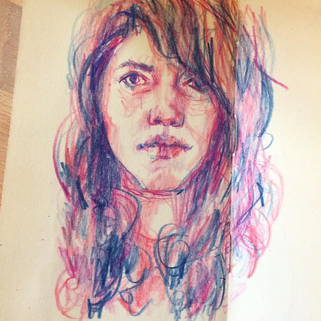 Quick warm-up self-portrait sketch from this morning to shake off the drawing rust. Everyone draws themselves looking much cooler than they actually are....including me.
