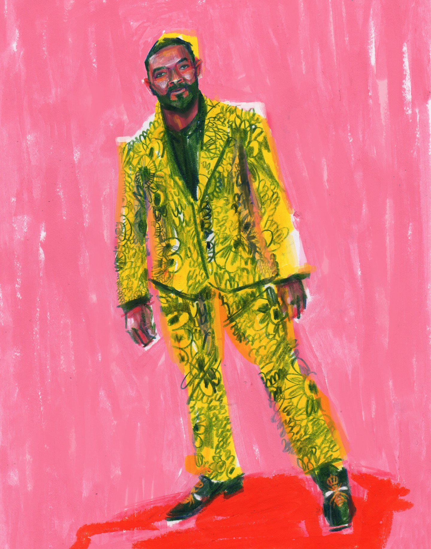  sketching 2022 Academy Award red carpet fashions - David Oyelowo (wearing a suit designed by Kutula) 