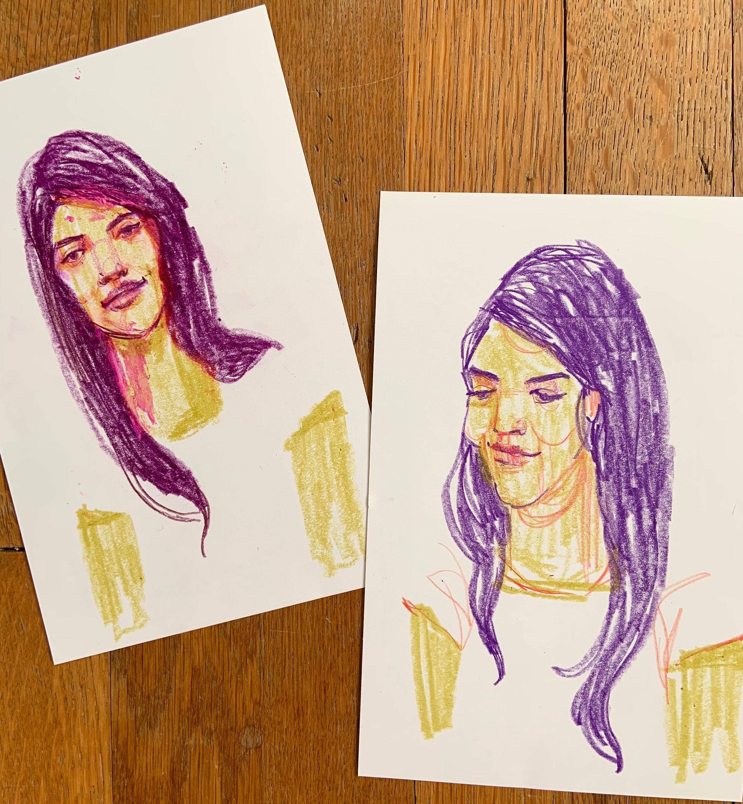 quick sketches of my friend, Ariane, during zoom chats. colored pencil &amp; paint sticks 