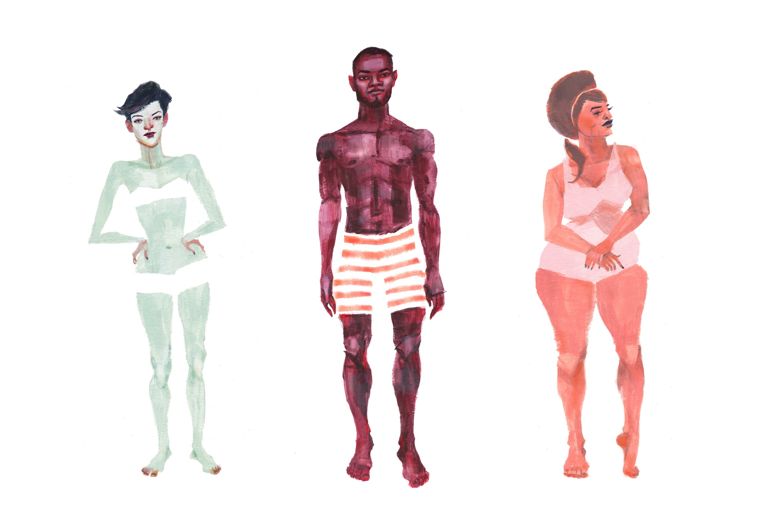  Re-creating a project that I do with the Lifestyle Illustration class that I teach at MICA - fashion paper dolls. Basically, creating 3 characters and dressing them by theme each week. This is my “base set” 