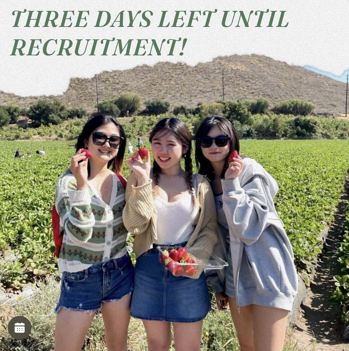 T-3 DAYS TILL RECRUITMENT! Our members are BERRY 🍓excited to meet you all! Come out to recruitment to find out which members have met jhene aiko🎵, placed in every spelling bee 🐝 , or broke their foot 🫢🦶