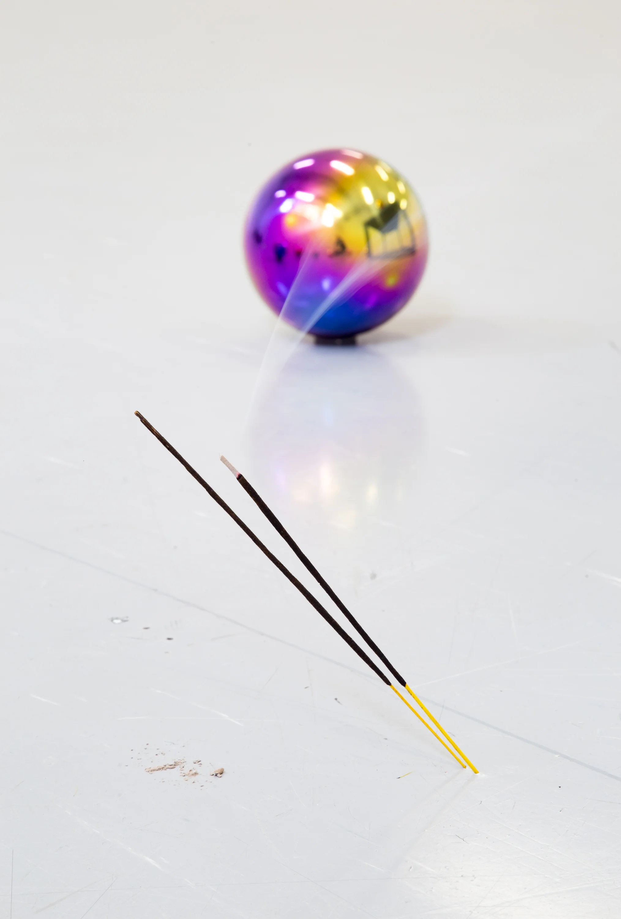Figure in the Round (Smoke Ring) (detail), Andrew Atchison, 2018steel, incense, timber, dimensions variable.