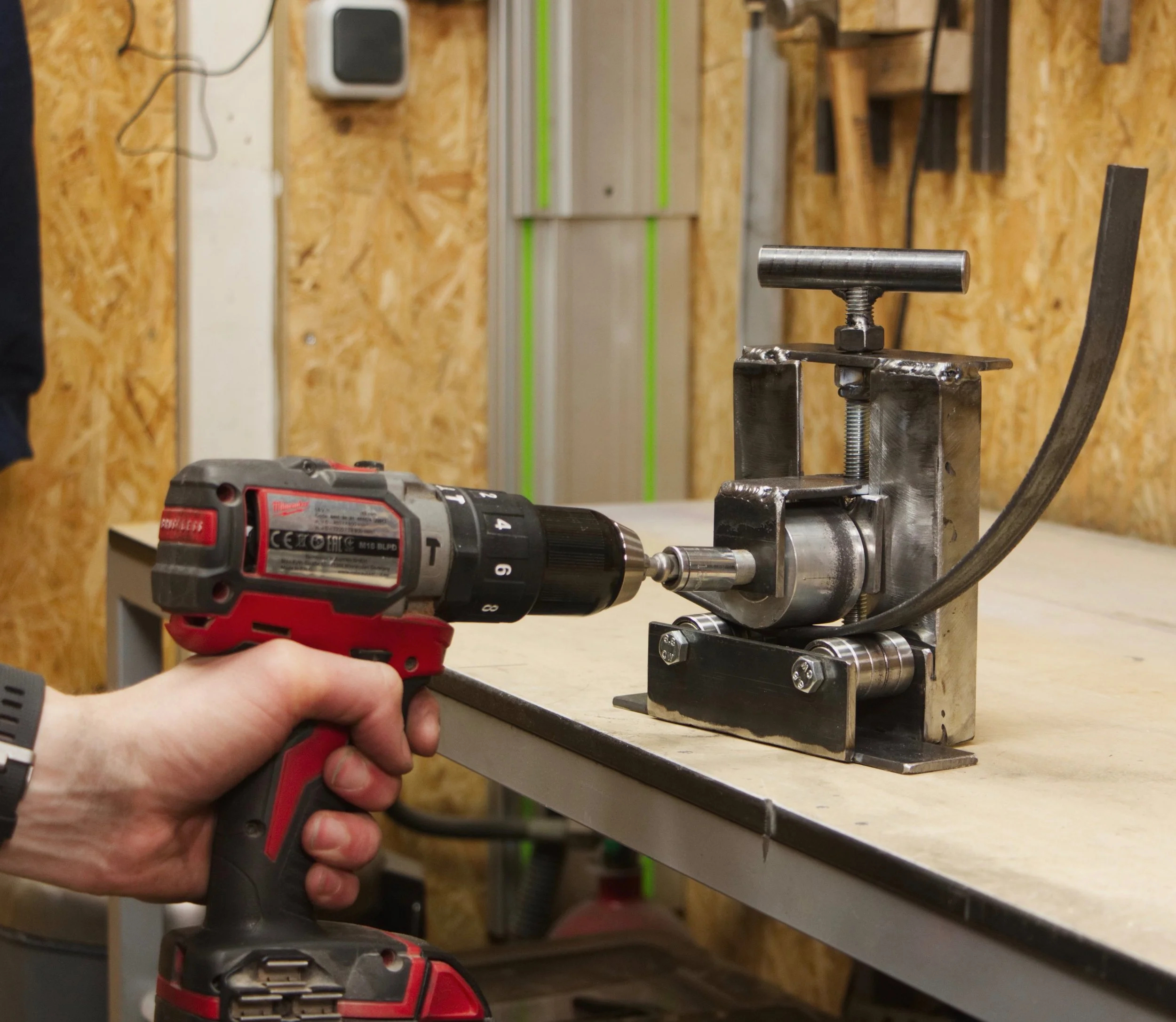 Drill powered roller bender