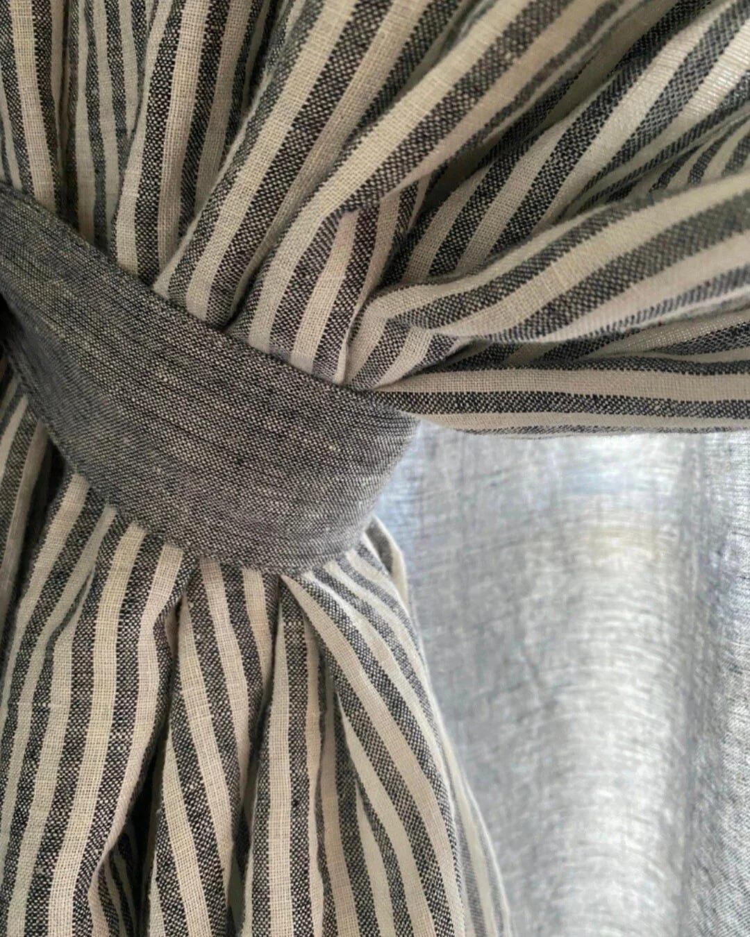 Pure Linen striped curtains with chambre tie backs.  Classic & classy