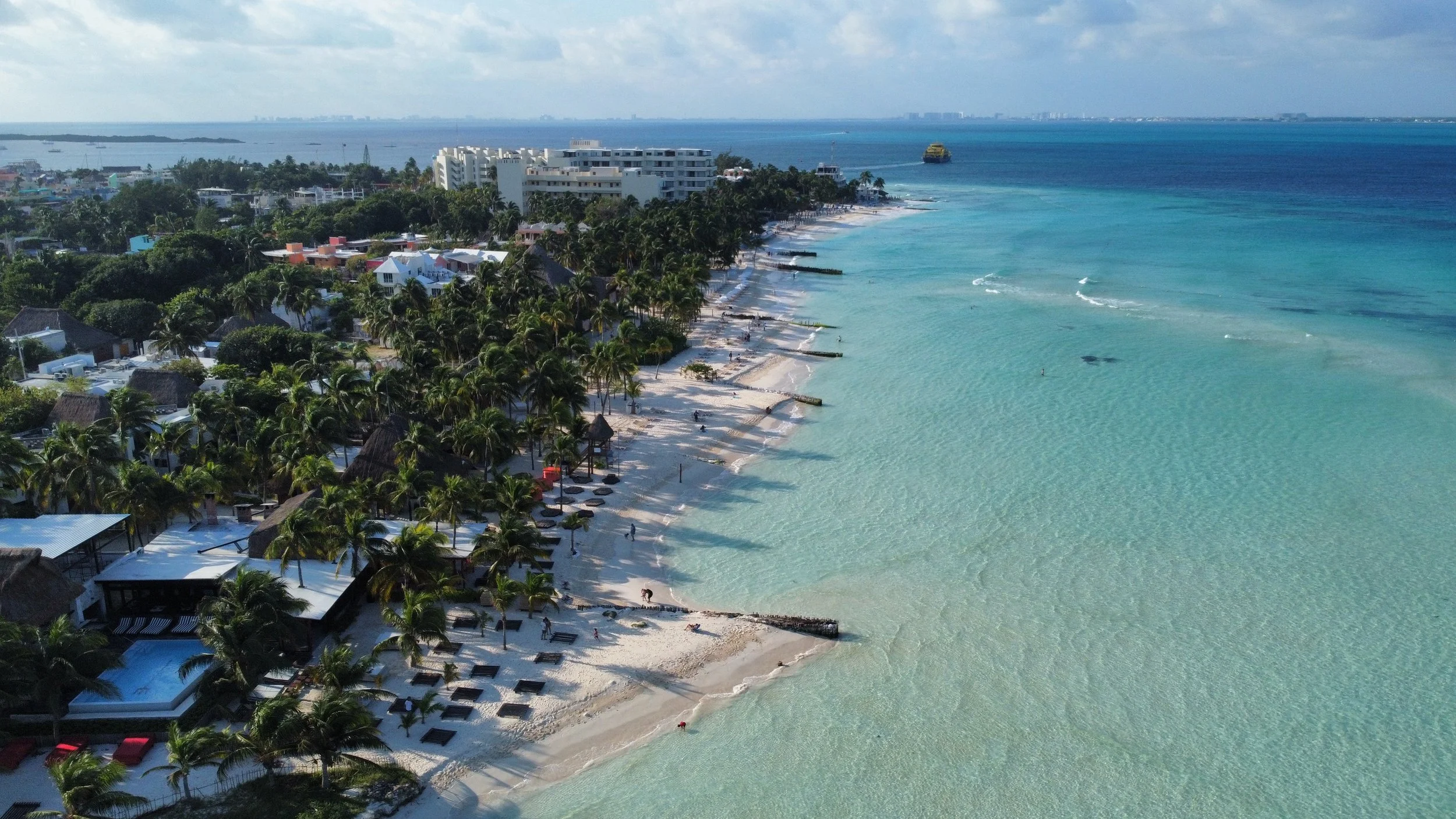 A drone shot of Isla Mujeres, Mexico
