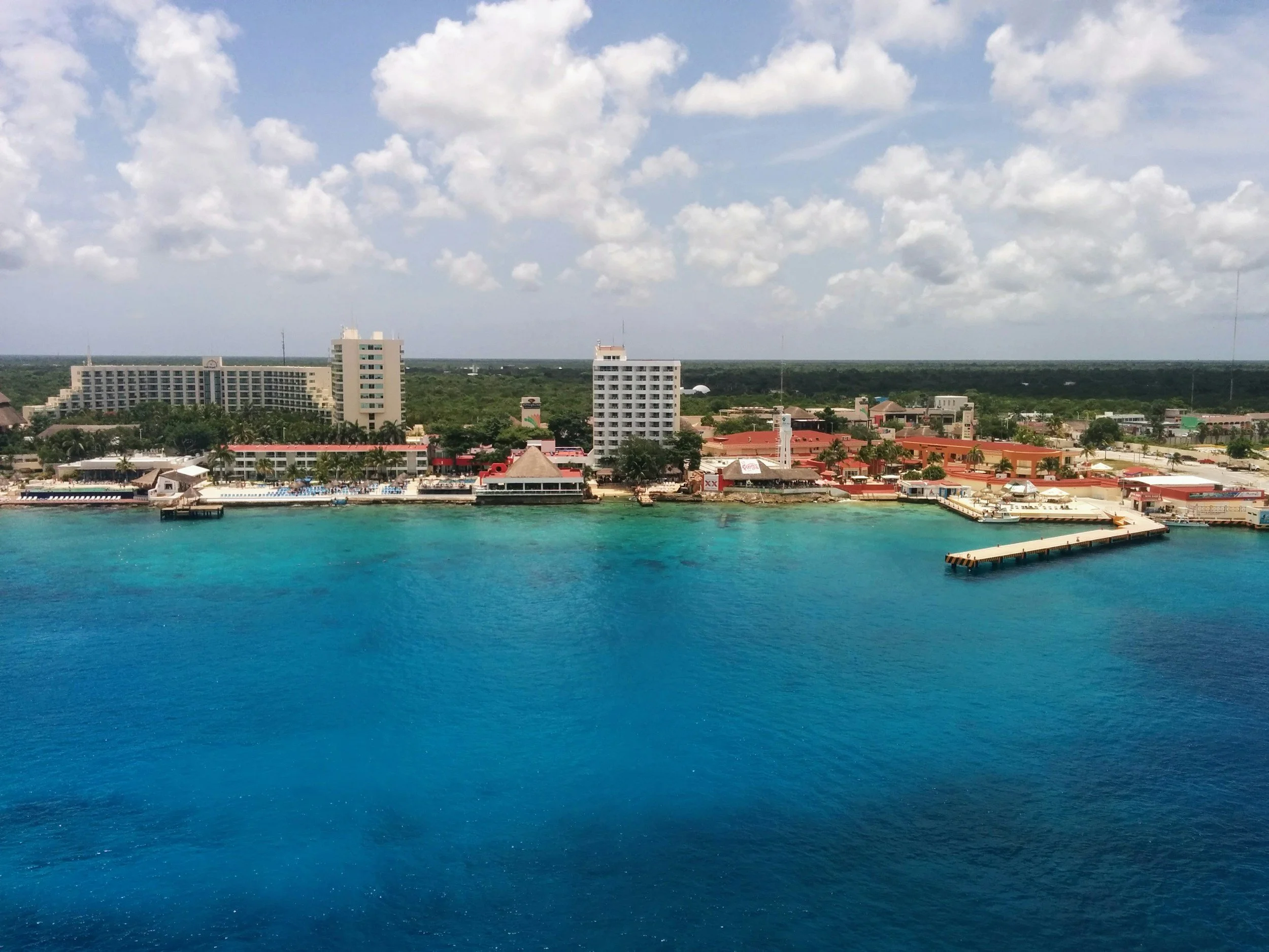 A view of hotels along the shoreline in Cozumel