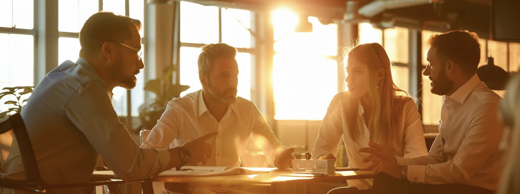 a group of pepople on a table having a meeting.
